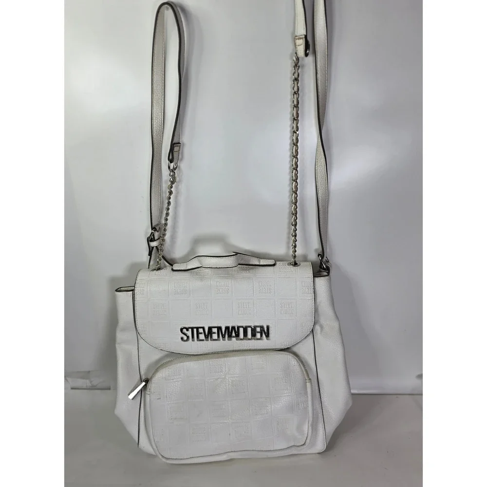 Steve Madden White Monogram Backpack Purse Crossbody Bag BSeyda Faux Leather SM